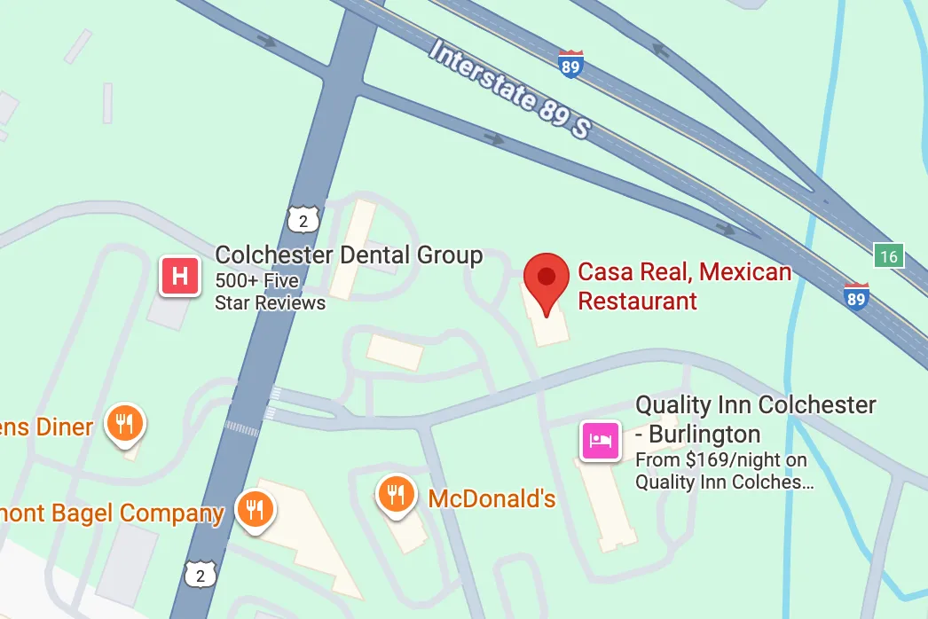 Interactive map showing Casa Real Mexican restaurant location in Colchester, Vermont with directions and nearby landmarks